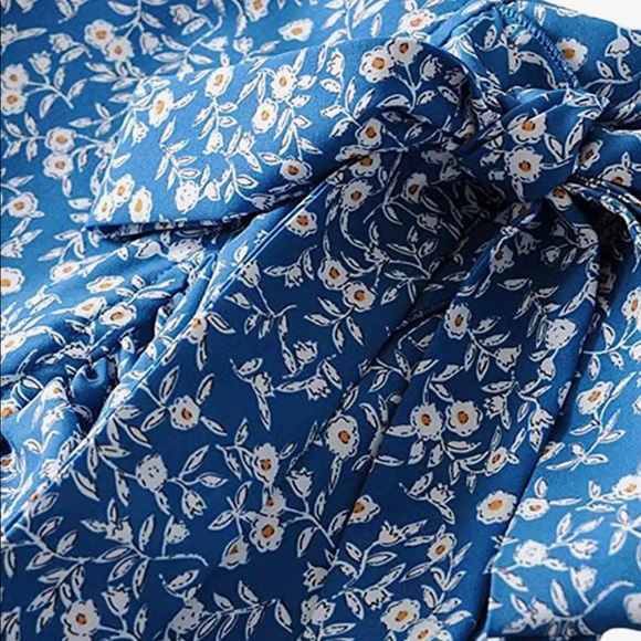 Frill Trim Shirred Tube Crop Top set matching ruffle skirt Blue floral 1XL Plus - Picture 6 of 9